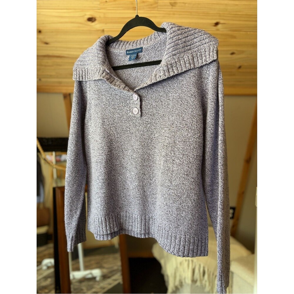 Karen Scott Lavender 90s Shawl Collar Button Knitted Fall Pullover Sweater L